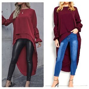 Long lantern sleeve irregular hem burgundy blouse size medium